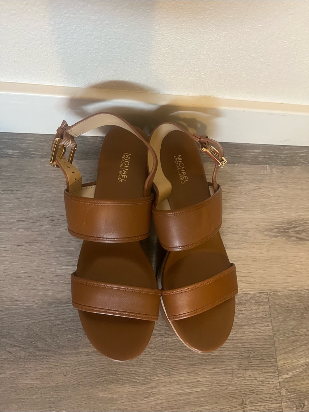 MICHAEL Michael Kors Tan Brown Leather Double-Strap Sandals with Gold Buckle